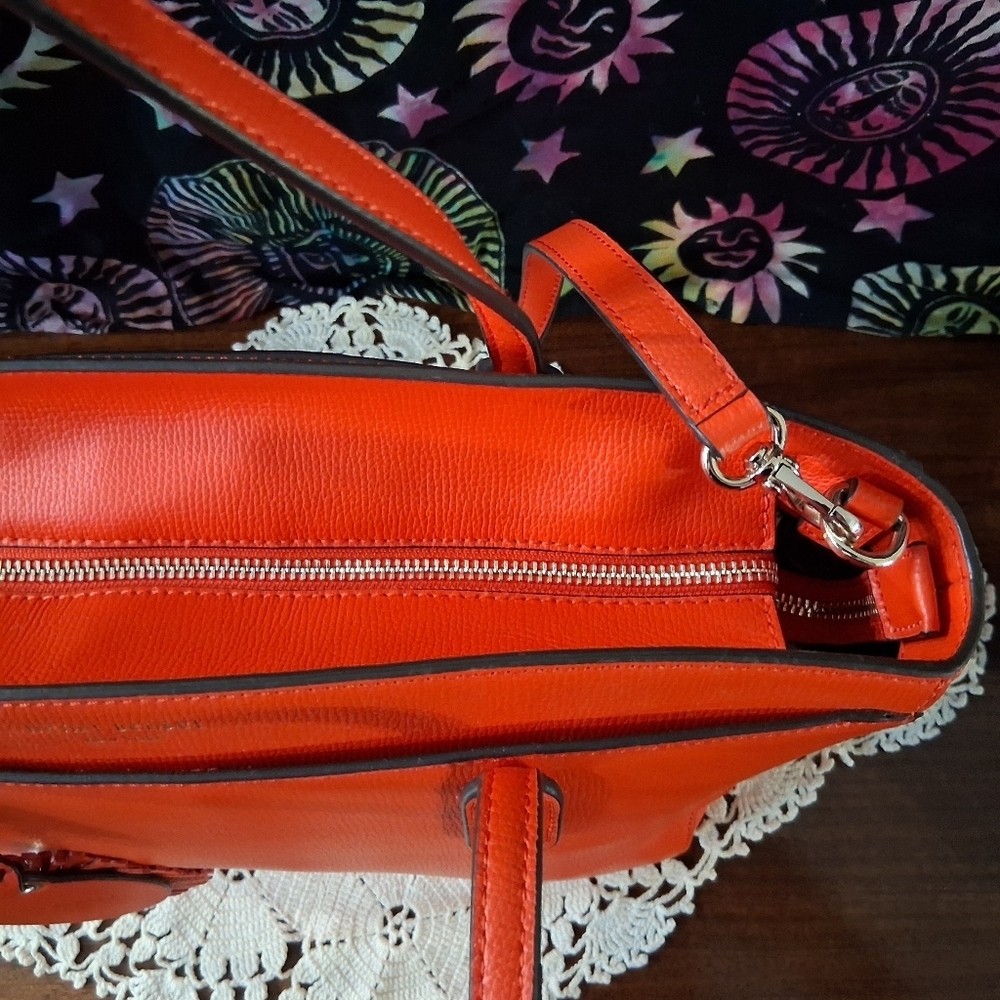 Henri Bendel Shoulder Bag Leather Sunburst Orange Red Satchel Handbag  Strap - Picture 16 of 17